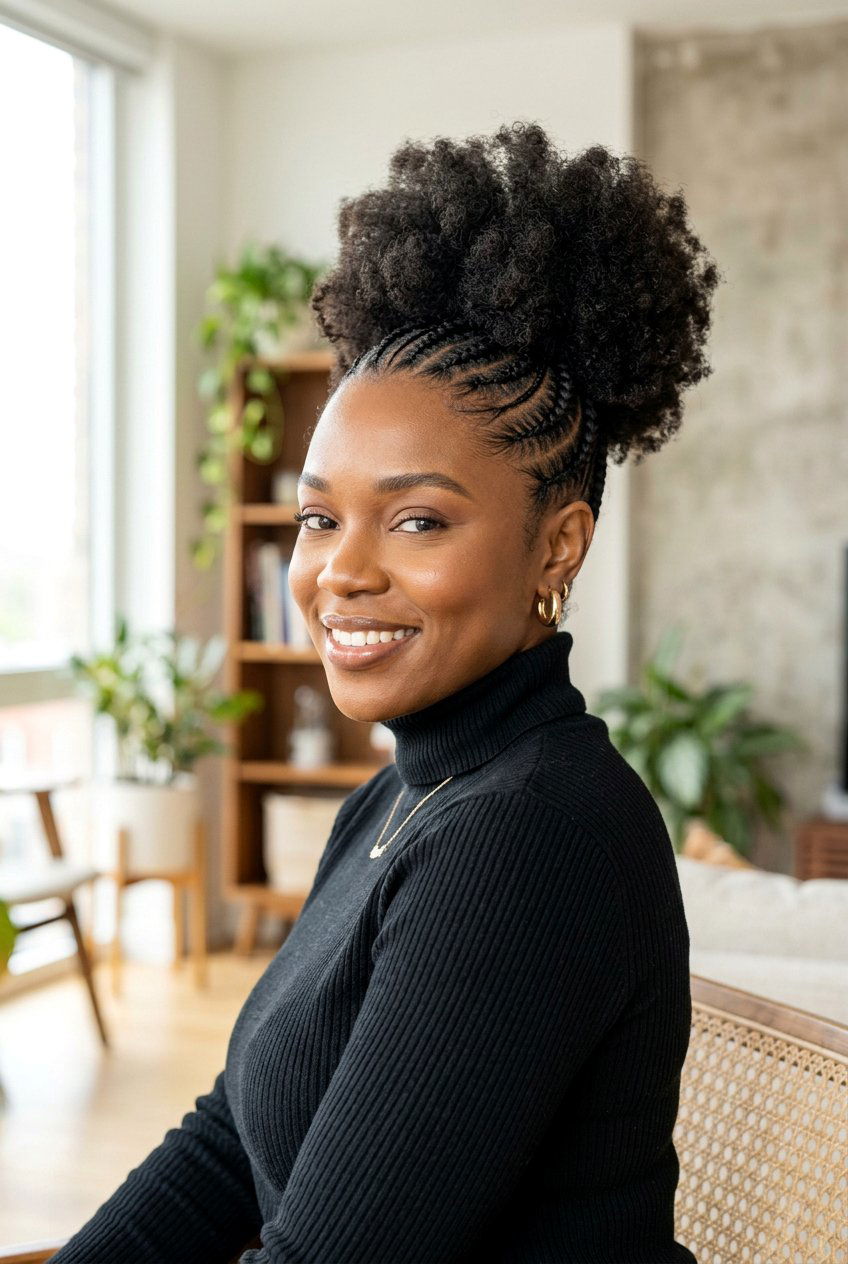 Feed In Braids With Afro Puff - 20 afro puff with braids in front - 20 afro puff with braids in front