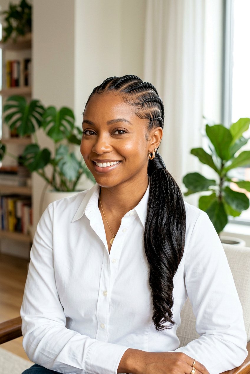 Feed In Cornrows Into a Ponytail - 20 office friendly braided hairstyles for black women - 20 office friendly braided hairstyles for black women