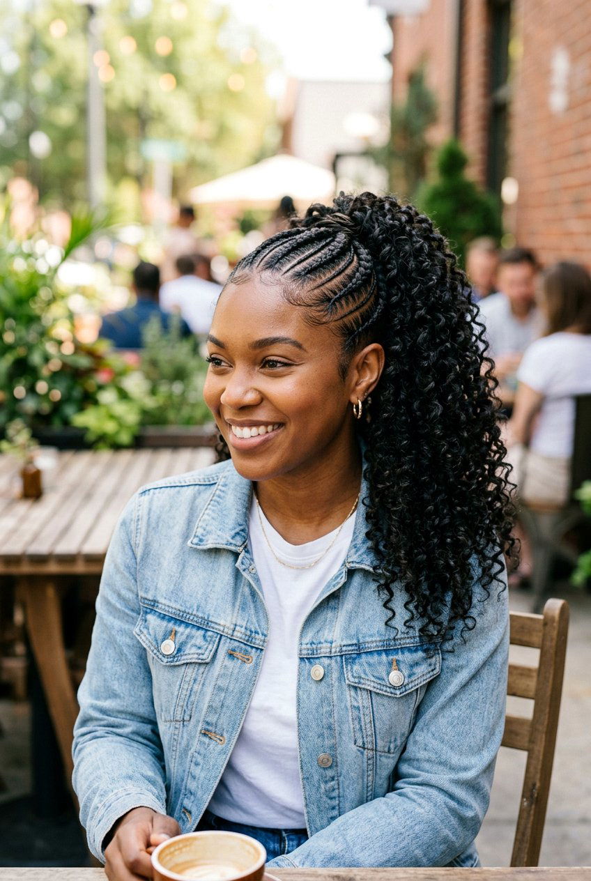 Feed In Cornrows With Curly Ponytail - 20 cornrows with curly ponytail - 20 cornrows with curly ponytail