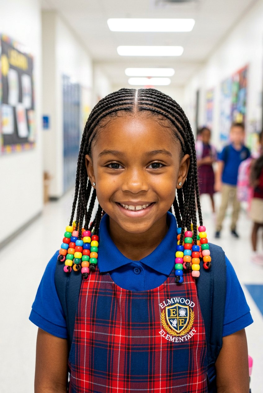 Feed In Cornrows with Beaded Ends and Center Part - 20 school cornrow styles for black girls - 20 school cornrow styles for black girls