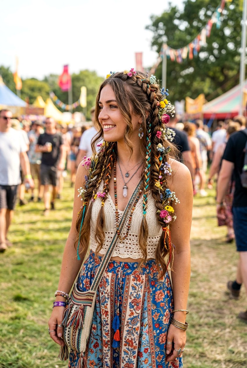 Festival Boho Braid With Dried Flowers - 20 boho braid with dried flowers - 20 boho braid with dried flowers