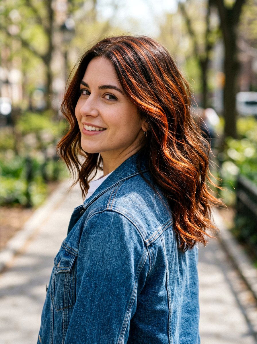 Fiery Red Babylights On Dark Brown Hair - 20 red babylights for dark brunette hair - 20 red babylights for dark brunette hair