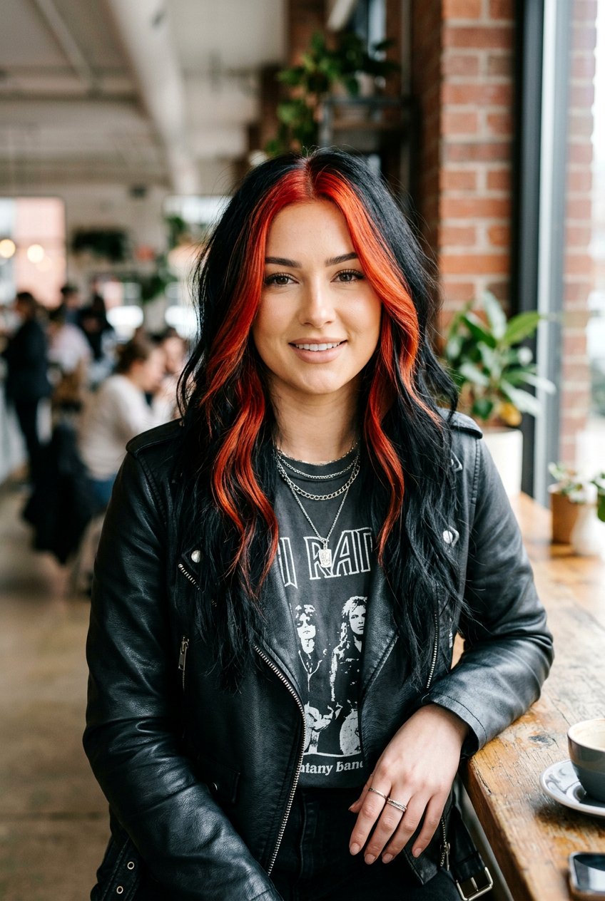 Fiery Red Money Piece on Jet Black Hair - 20 bold money piece ideas - 20 bold money piece ideas