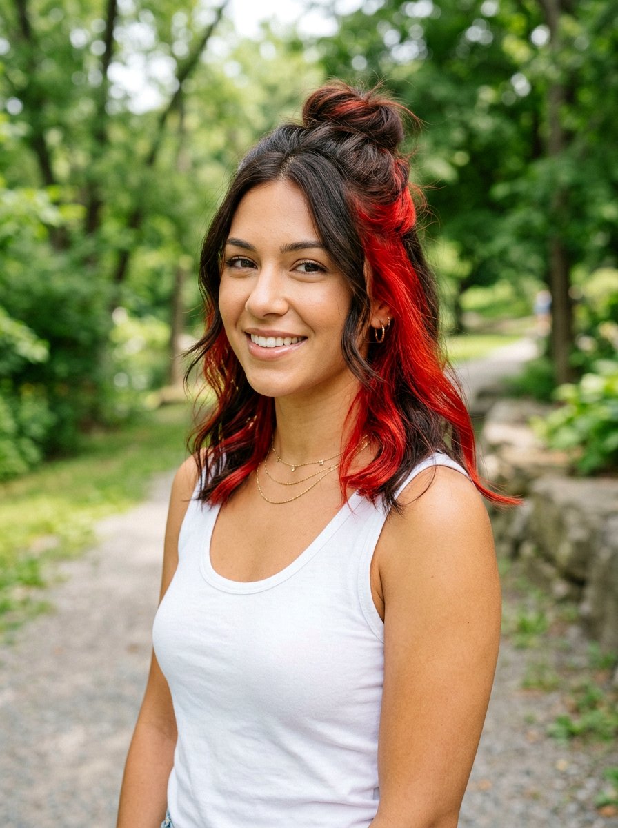 Fiery Red Peekaboo Highlights Brunette - 20 dimensional red for dark brunette hair - 20 dimensional red for dark brunette hair