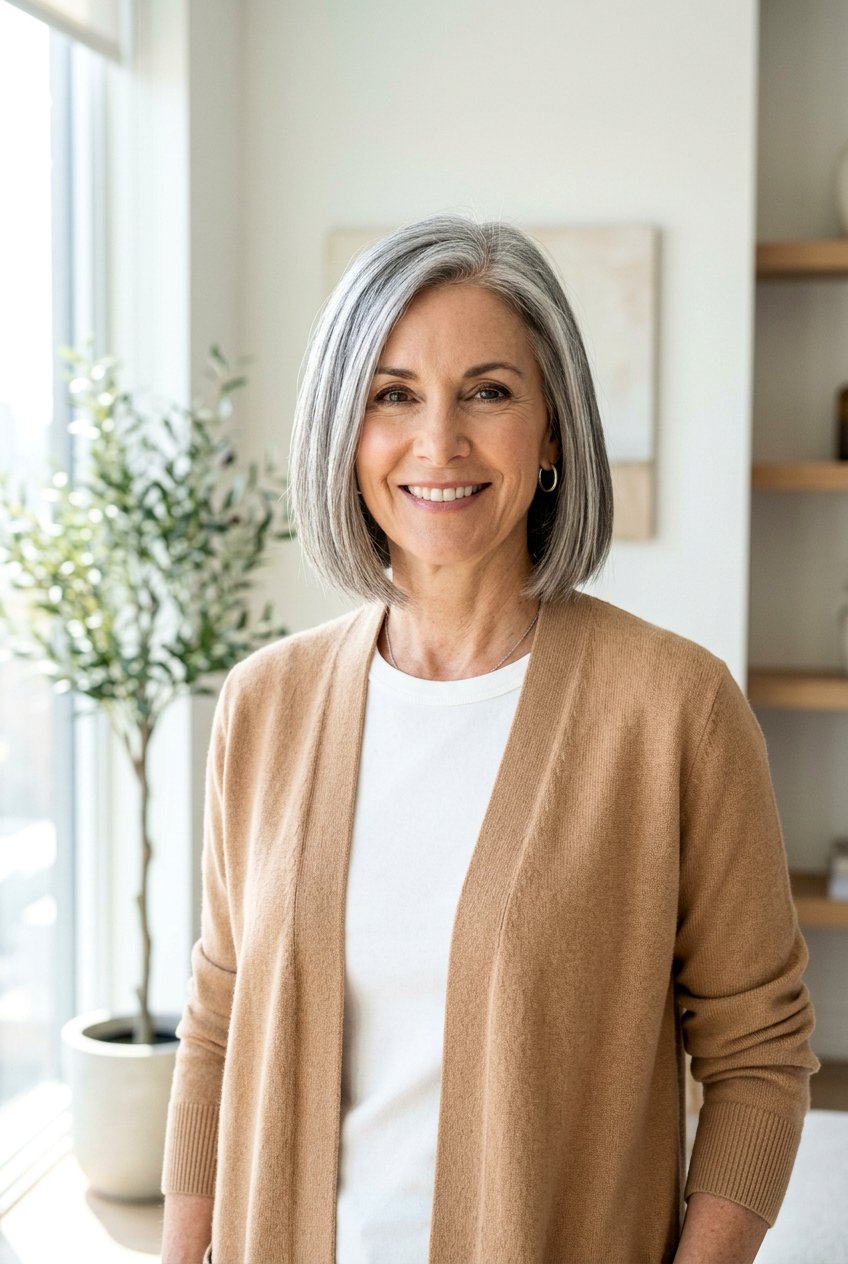 Fine Hair Bob Gray Blending - 20 gray blending bob with highlights - 20 gray blending bob with highlights