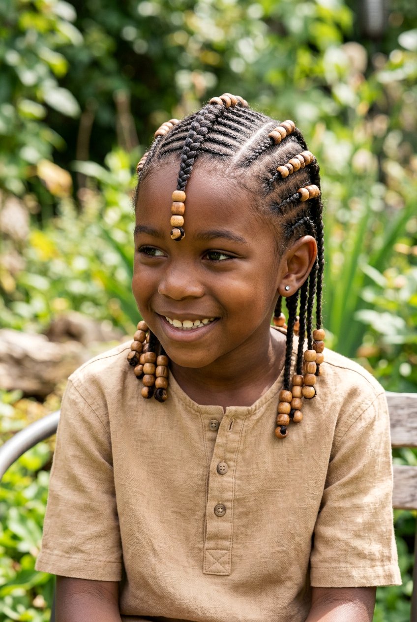 Fishbone Boys Cornrows With Wooden Beads - 20 boys cornrows with beads - 20 boys cornrows with beads