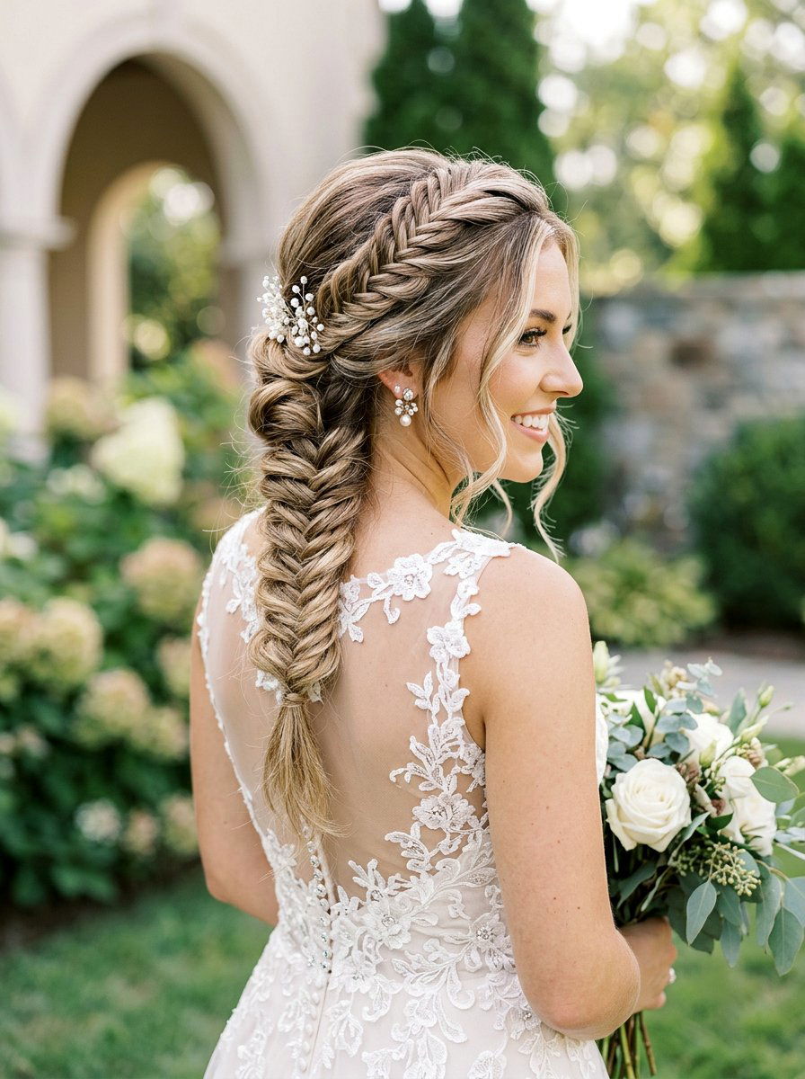 Fishtail Braid Bridal Sweep - 20 wedding hairstyles for outdoor ceremony - 20 wedding hairstyles for outdoor ceremony