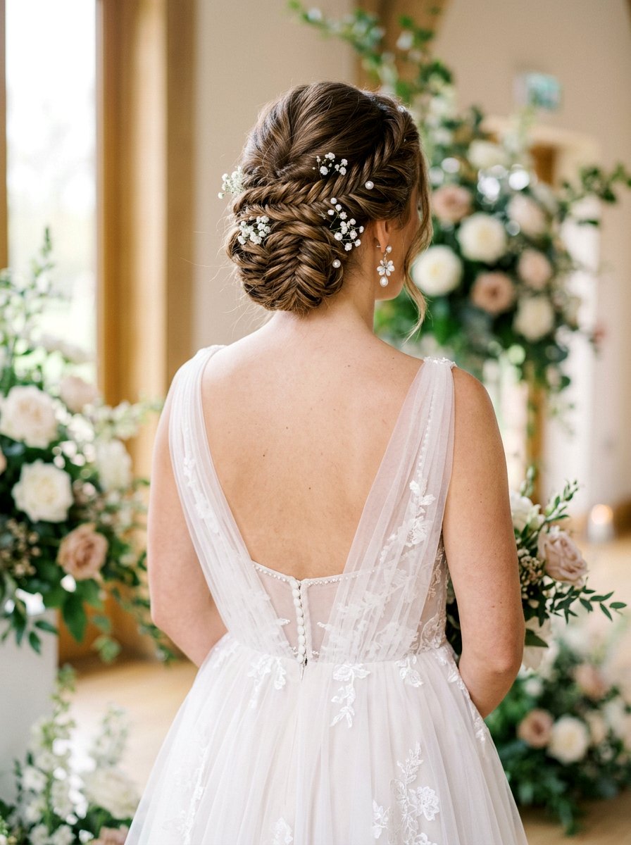 Fishtail Braid Bridal Updo - 20 elegant bridal hairstyle for medium hair - 20 elegant bridal hairstyle for medium hair