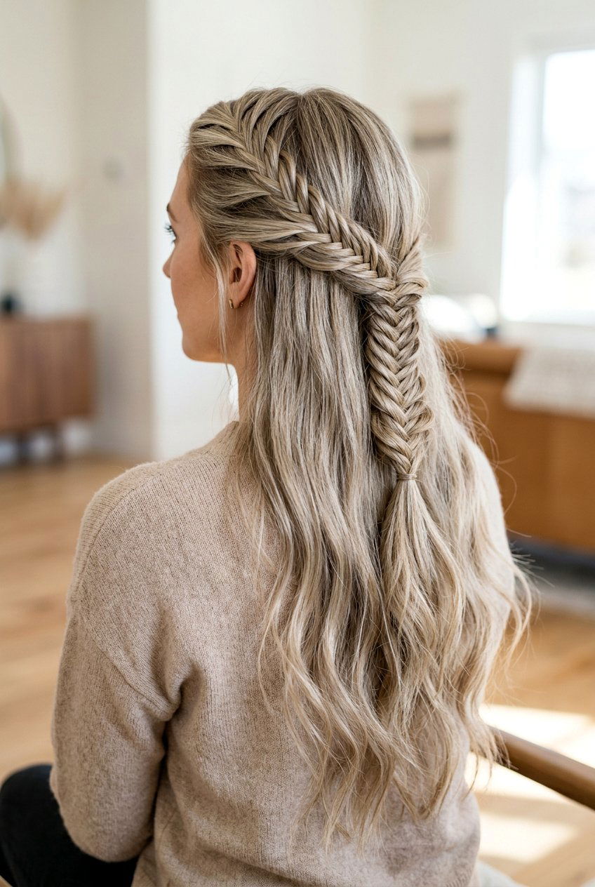 Fishtail Braid Half Up Hairstyle - 20 half up half down prom hairstyles - 20 half up half down prom hairstyles