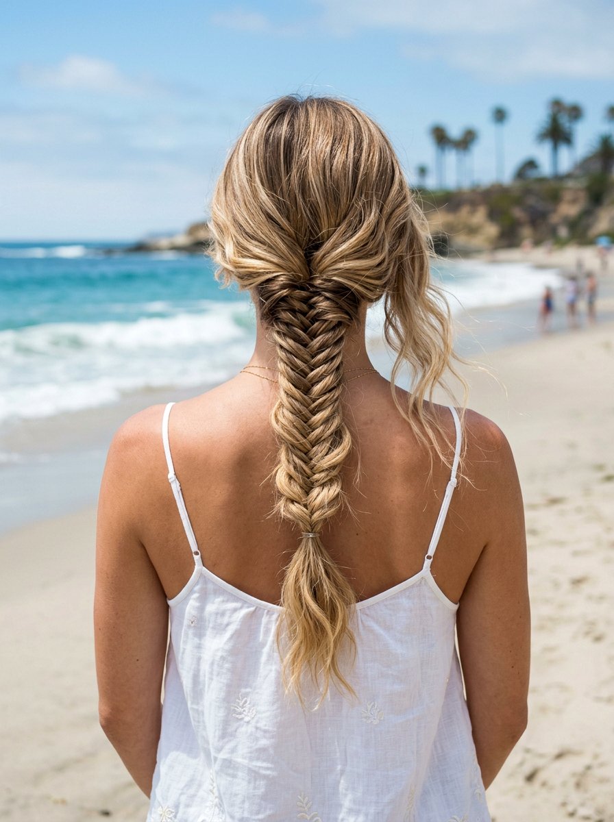 Fishtail Braid Low Beach Waves - 20 vacation hairstyle with low beach waves - 20 vacation hairstyle with low beach waves