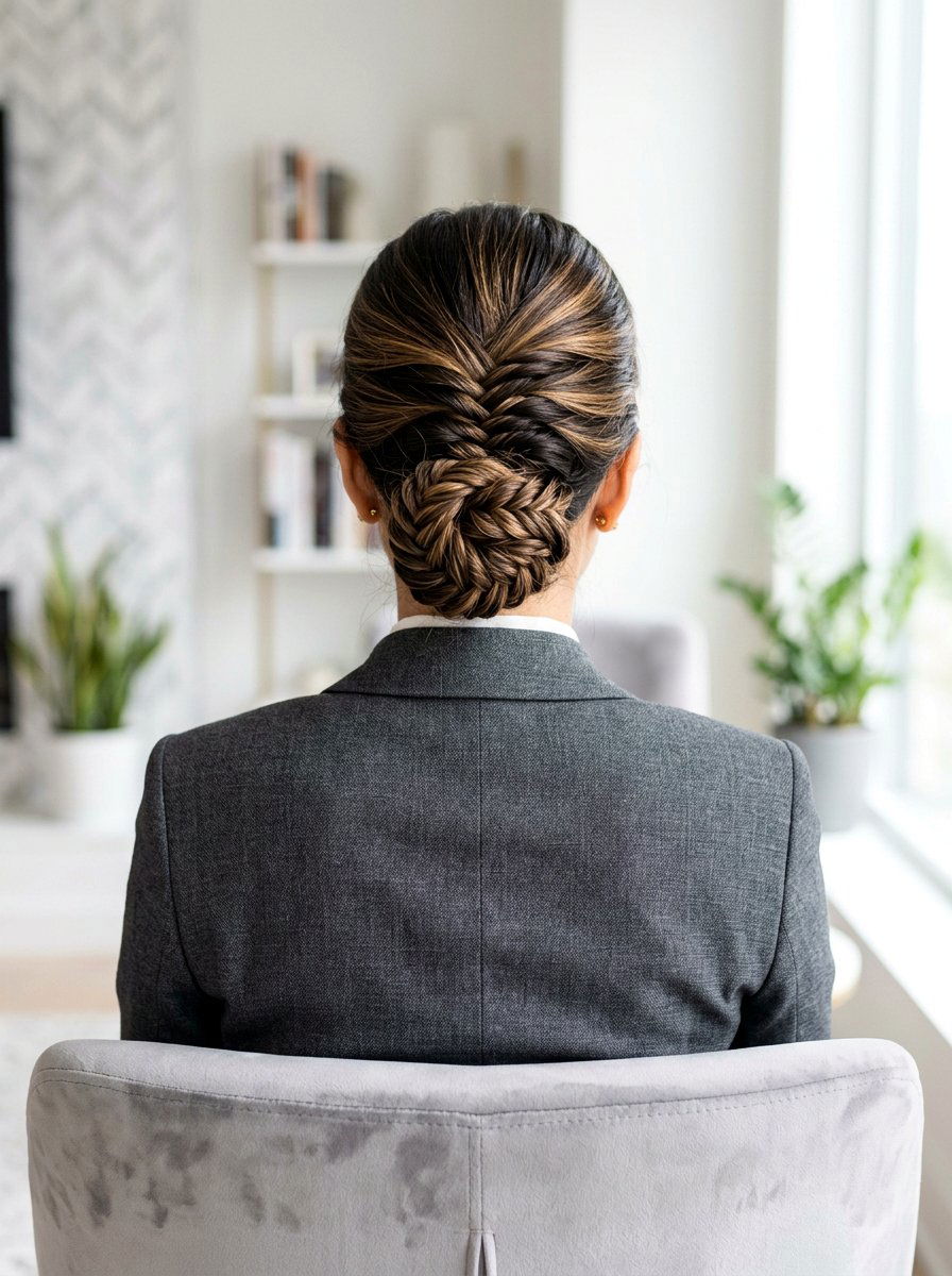 Fishtail Braid Low Bun - 20 interview hairstyle with smooth low bun - 20 interview hairstyle with smooth low bun