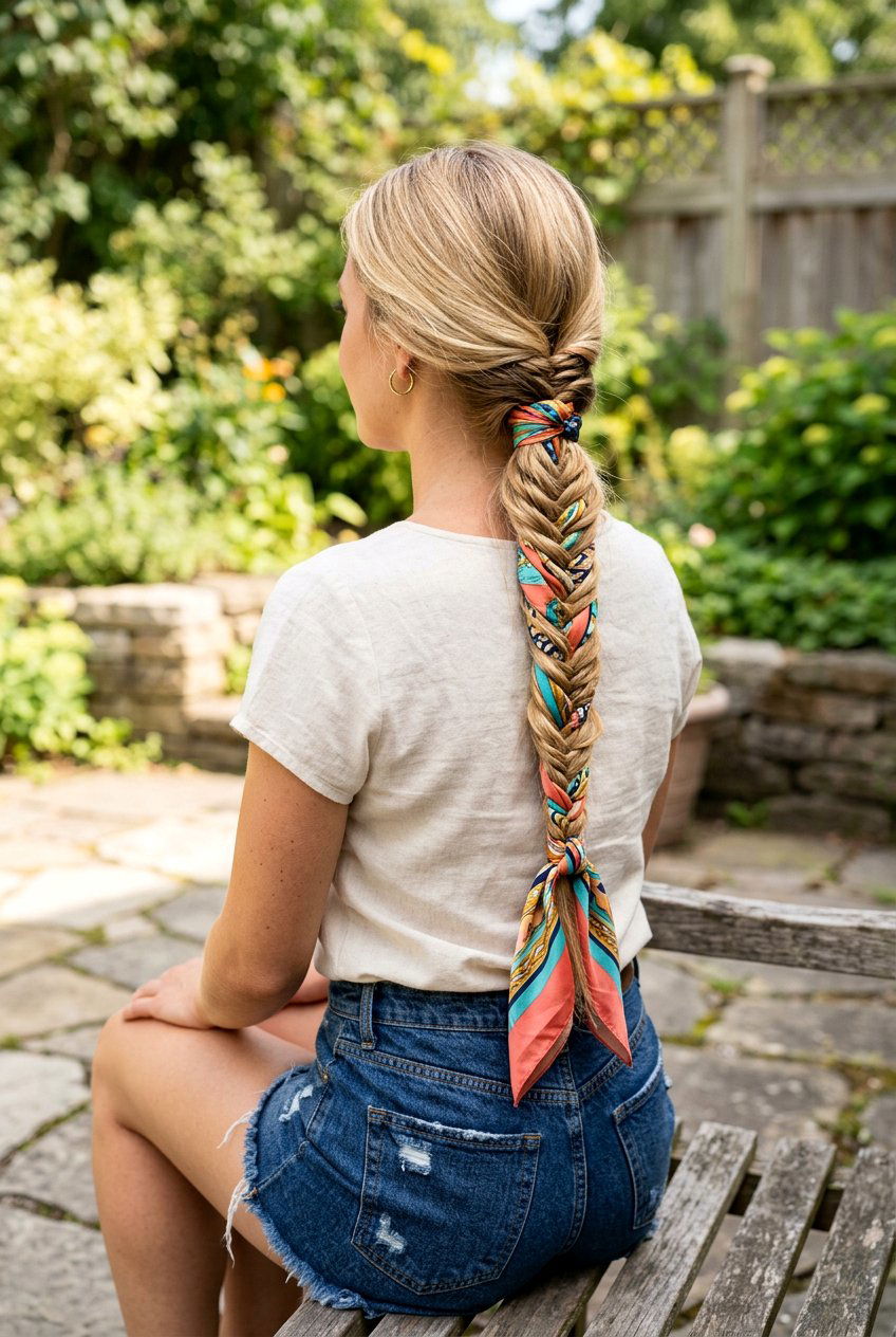 Fishtail Braid Low Scarf Ponytail - 20 beach hairstyle with low scarf ponytail - 20 beach hairstyle with low scarf ponytail