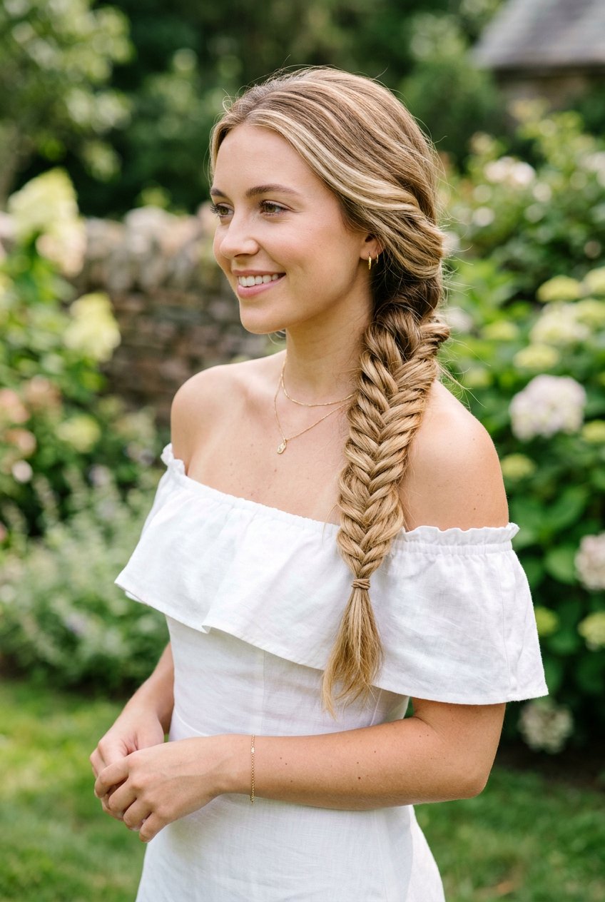 Fishtail Braid Over One Shoulder - 20 beach photo shoot hairstyles - 20 beach photo shoot hairstyles