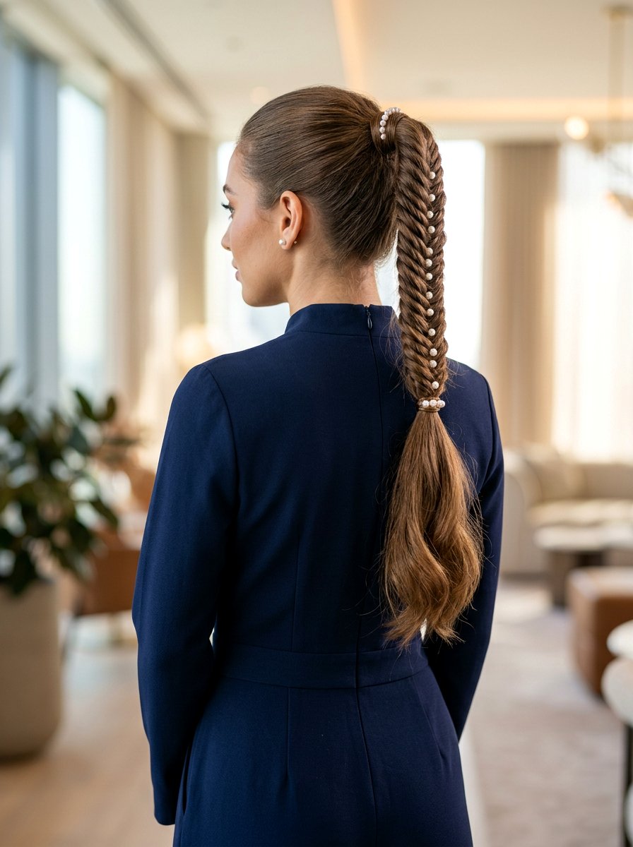 Fishtail Braid Pearl Ponytail - 20 party hairstyle with pearl ponytail - 20 party hairstyle with pearl ponytail