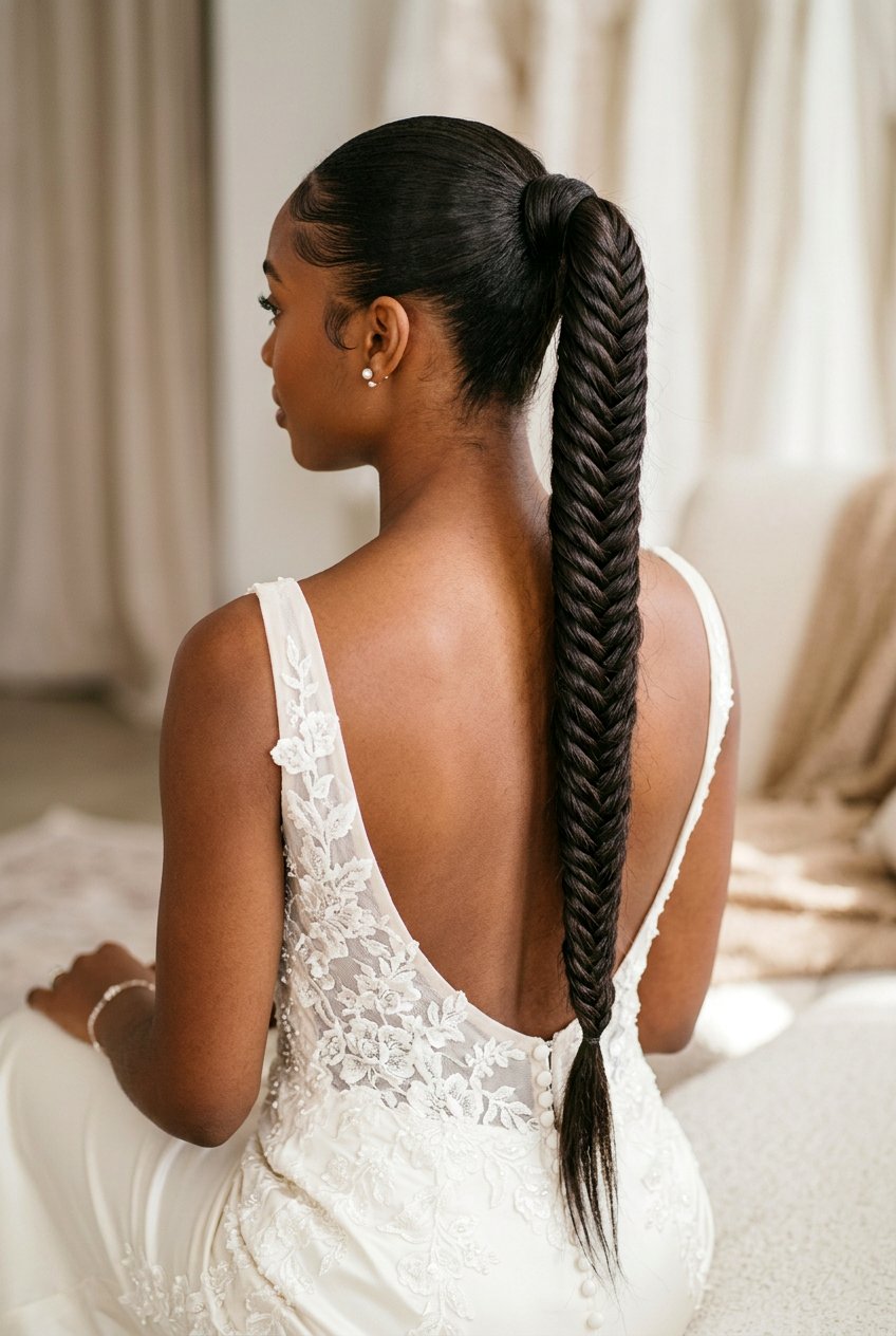 Fishtail Braid Ponytail - 20 bridal braid styles for black women - 20 bridal braid styles for black women