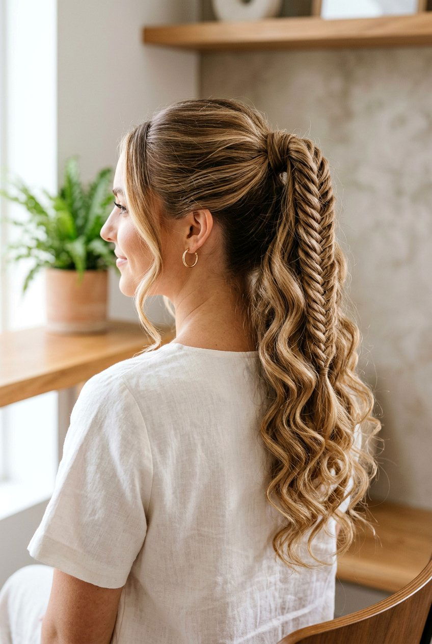 Fishtail Braid Ponytail With Curls - 20 graduation hairstyle with ponytail curls - 20 graduation hairstyle with ponytail curls