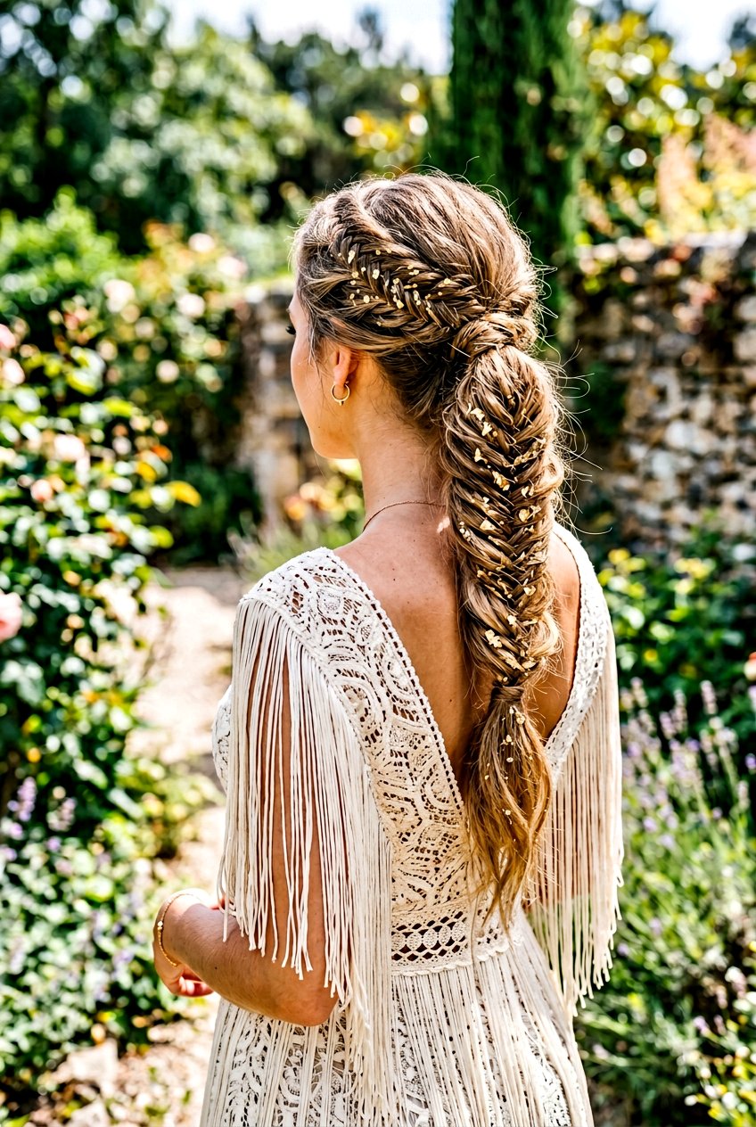 Fishtail Braid Ponytail With Gold Flakes - 20 festival braid ponytail with glitter - 20 festival braid ponytail with glitter