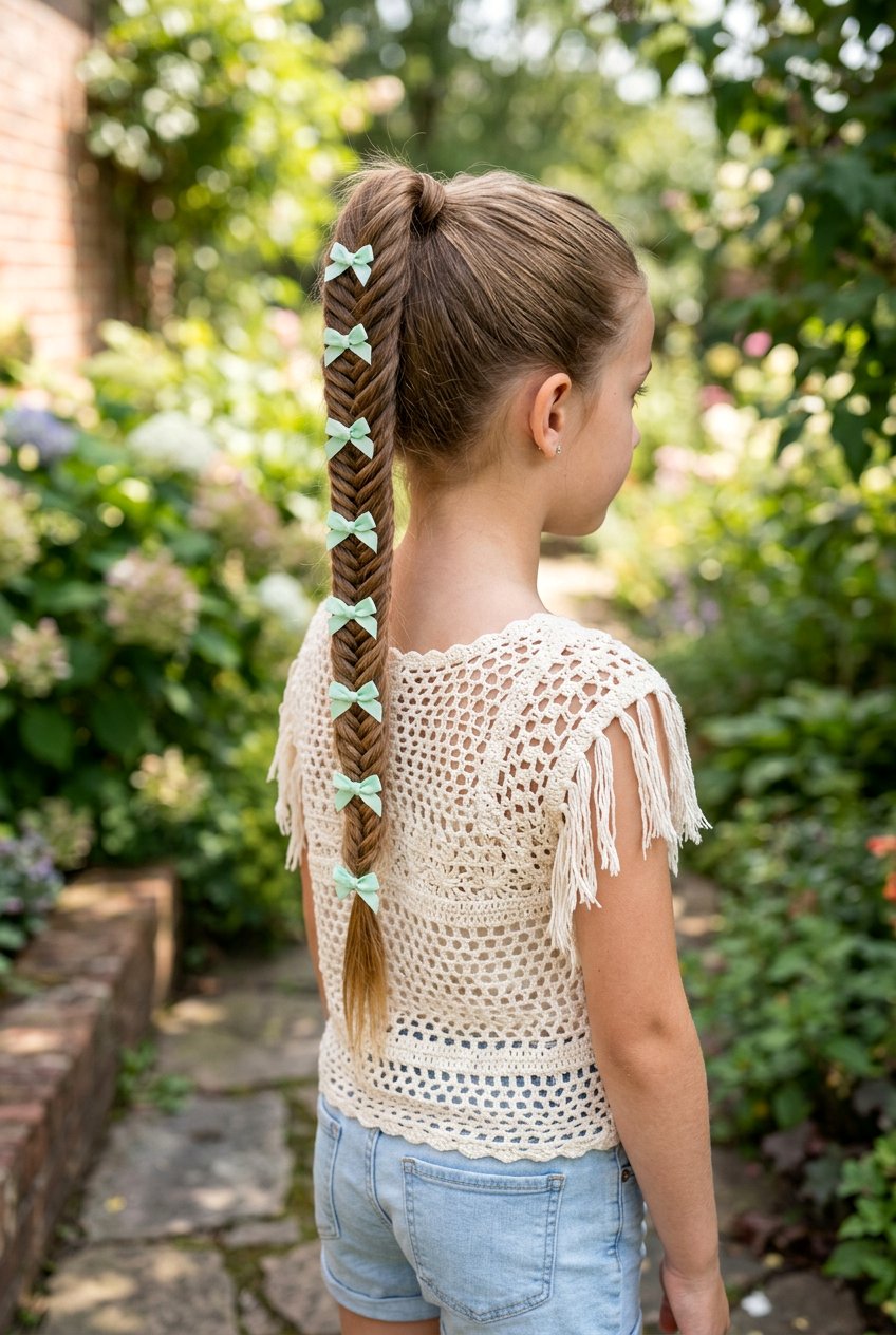 Fishtail Braid Ponytail With Tiny Bows - 20 ribbon ponytail for girls - 20 ribbon ponytail for girls