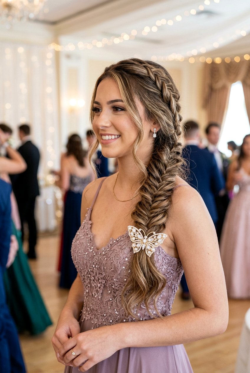 Fishtail Braid Prom Hair with Butterfly Clip Finish - 20 prom hairstyles with butterfly clips - 20 prom hairstyles with butterfly clips