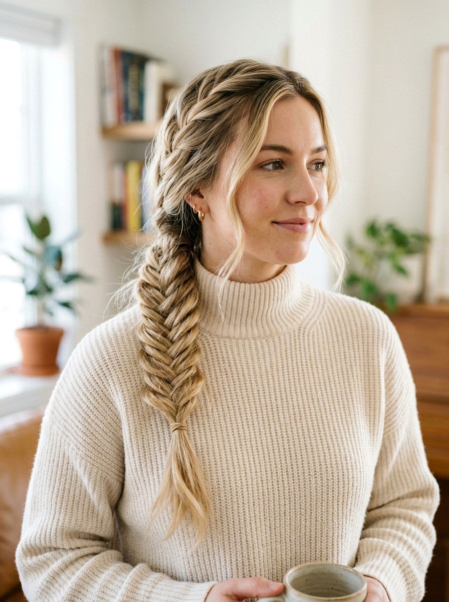 Fishtail Braid Side Ponytail - 20 quick hairstyle for college classes - 20 quick hairstyle for college classes