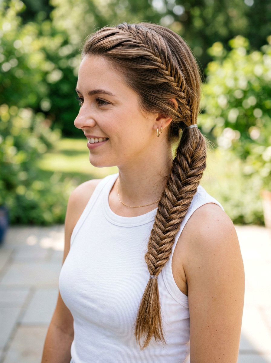 Fishtail Braid Side Ponytail For Medium Hair - 20 gym hairstyle for medium layers - 20 gym hairstyle for medium layers