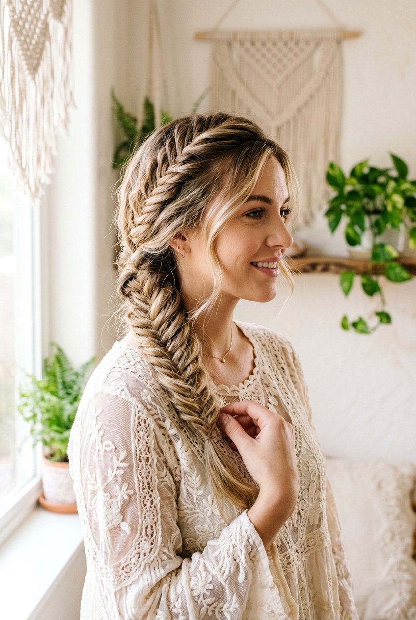 Fishtail Braid Side Sweep - 20 best heatless hairstyle ideas - 20 best heatless hairstyle ideas