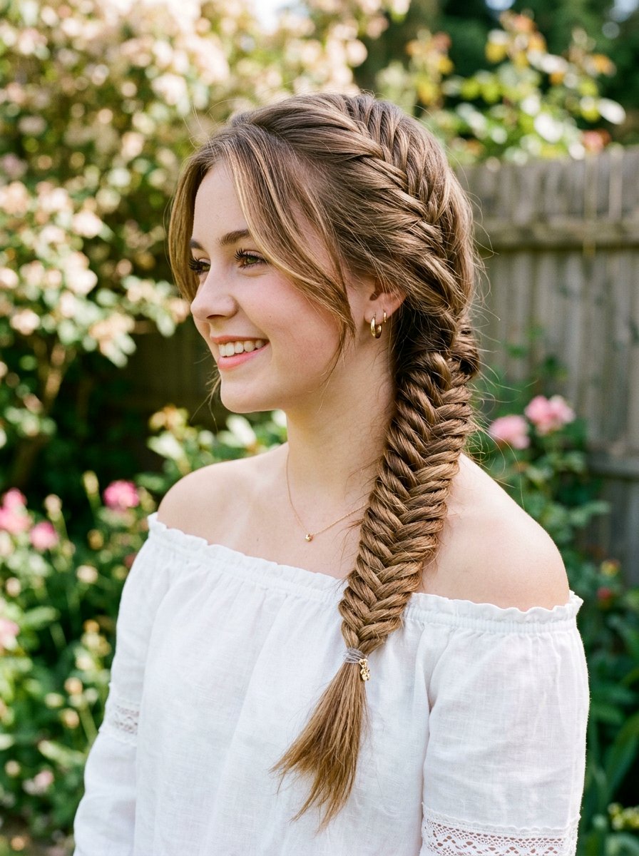 Fishtail Braid Side Sweep - 20 cute hairstyle for school photos - 20 cute hairstyle for school photos