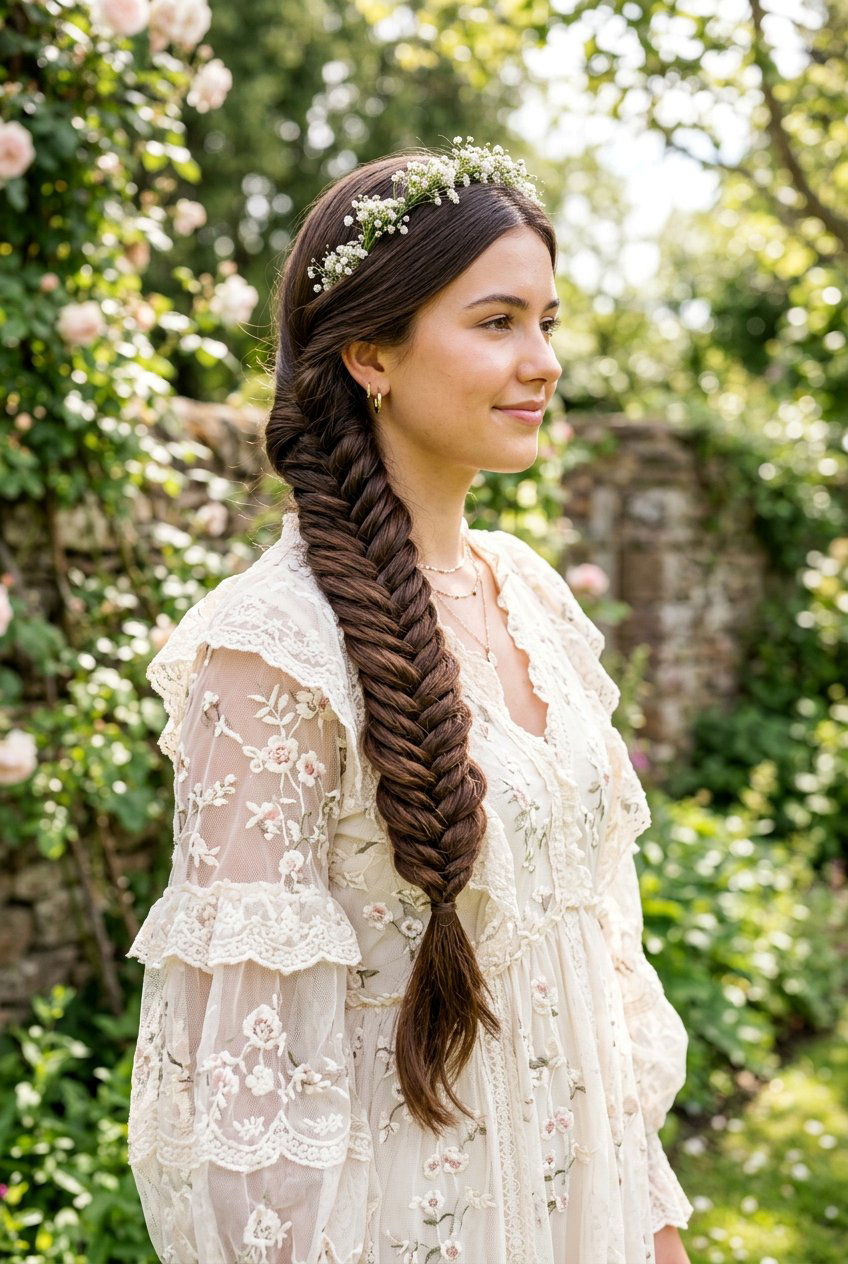 Fishtail Braid Side Sweep - 20 prom hairstyle for long thick straight hair - 20 prom hairstyle for long thick straight hair