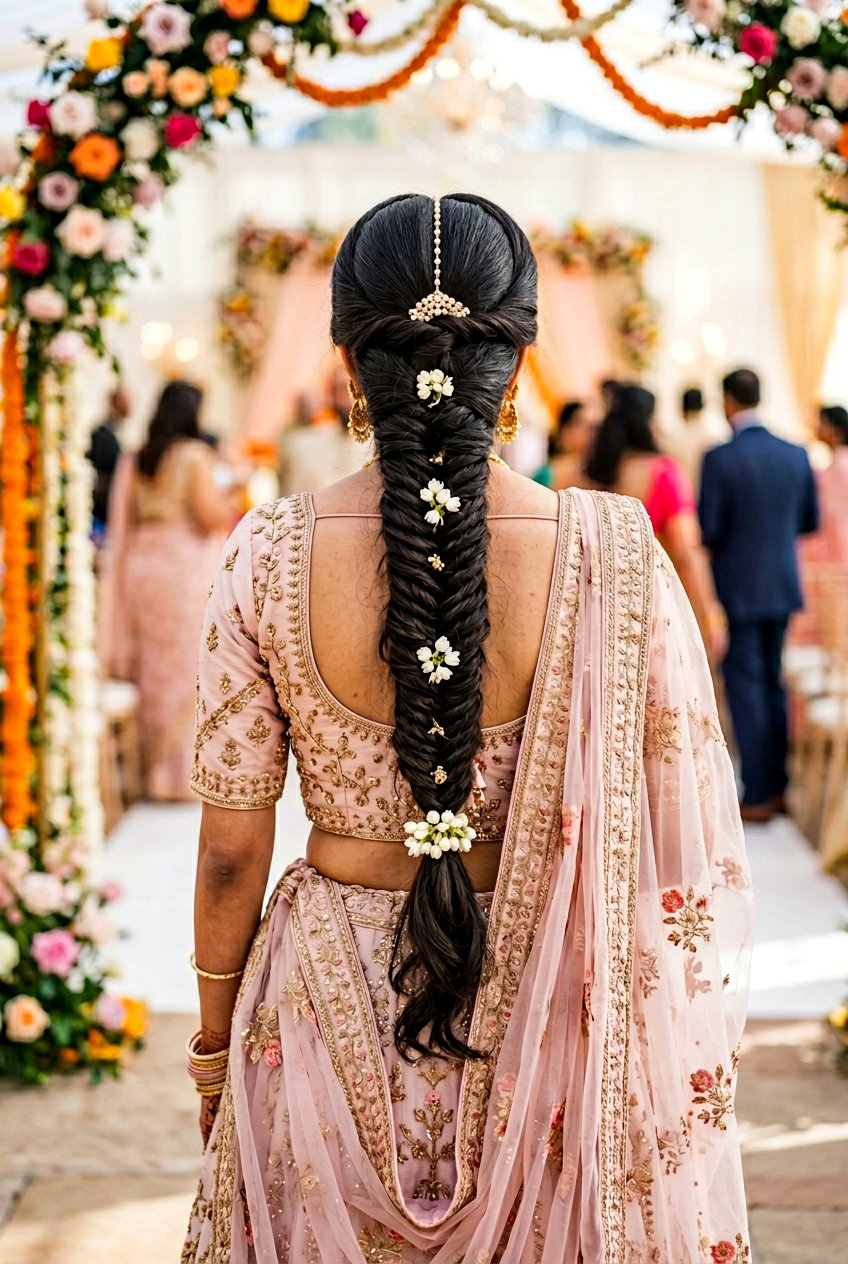 Fishtail Braid With Back Dupatta Setting - 20 bridal hairstyles with dupatta - 20 bridal hairstyles with dupatta
