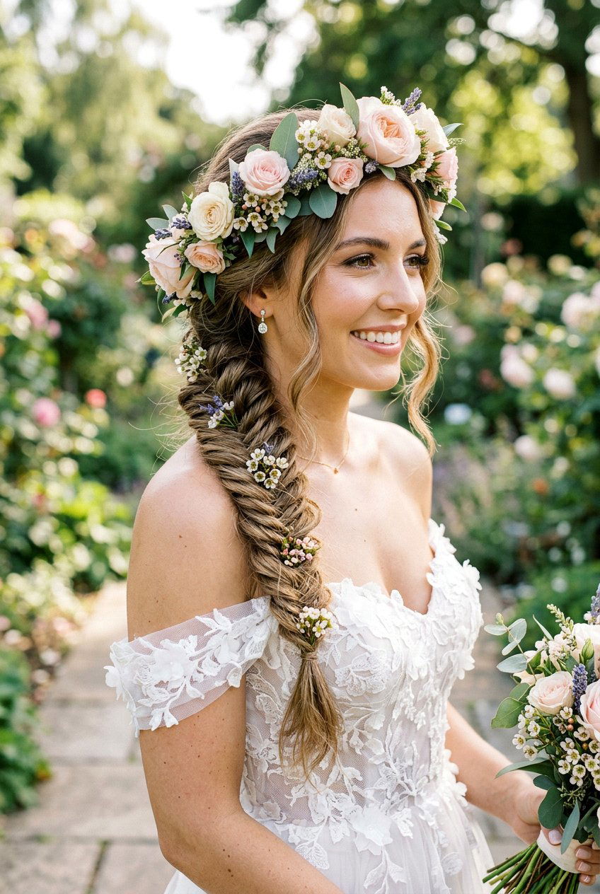 Fishtail Braid With Floral Crown - 20 floral bridal braid hairstyle - 20 floral bridal braid hairstyle