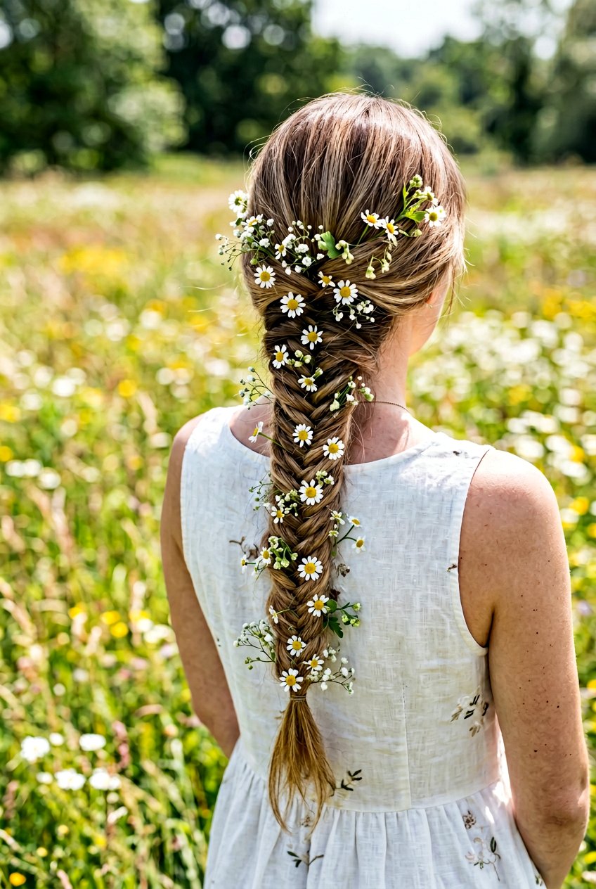 Fishtail Braid With Flowers - 20 cottagecore braided hairstyle for women - 20 cottagecore braided hairstyle for women