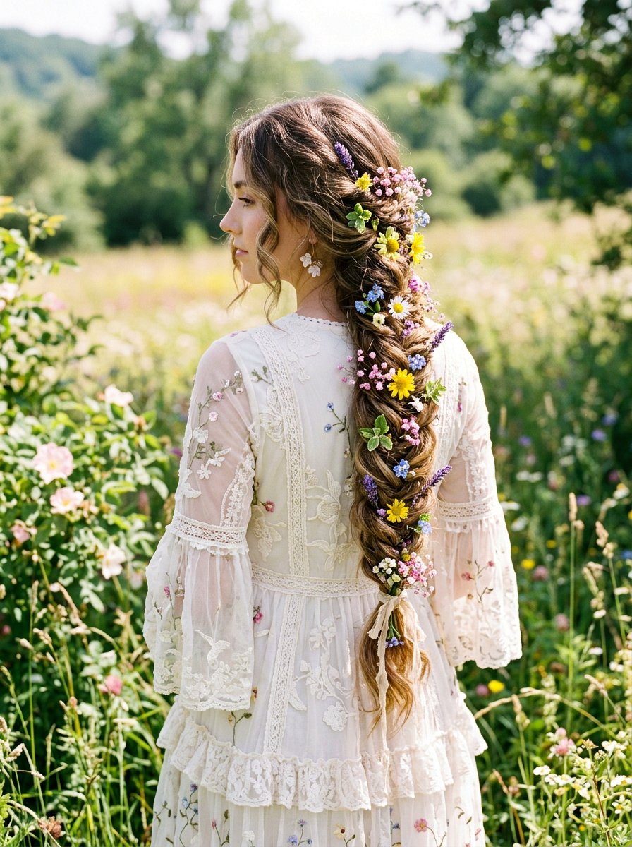Fishtail Braid With Flowers - 20 wedding hairstyles for elopement - 20 wedding hairstyles for elopement