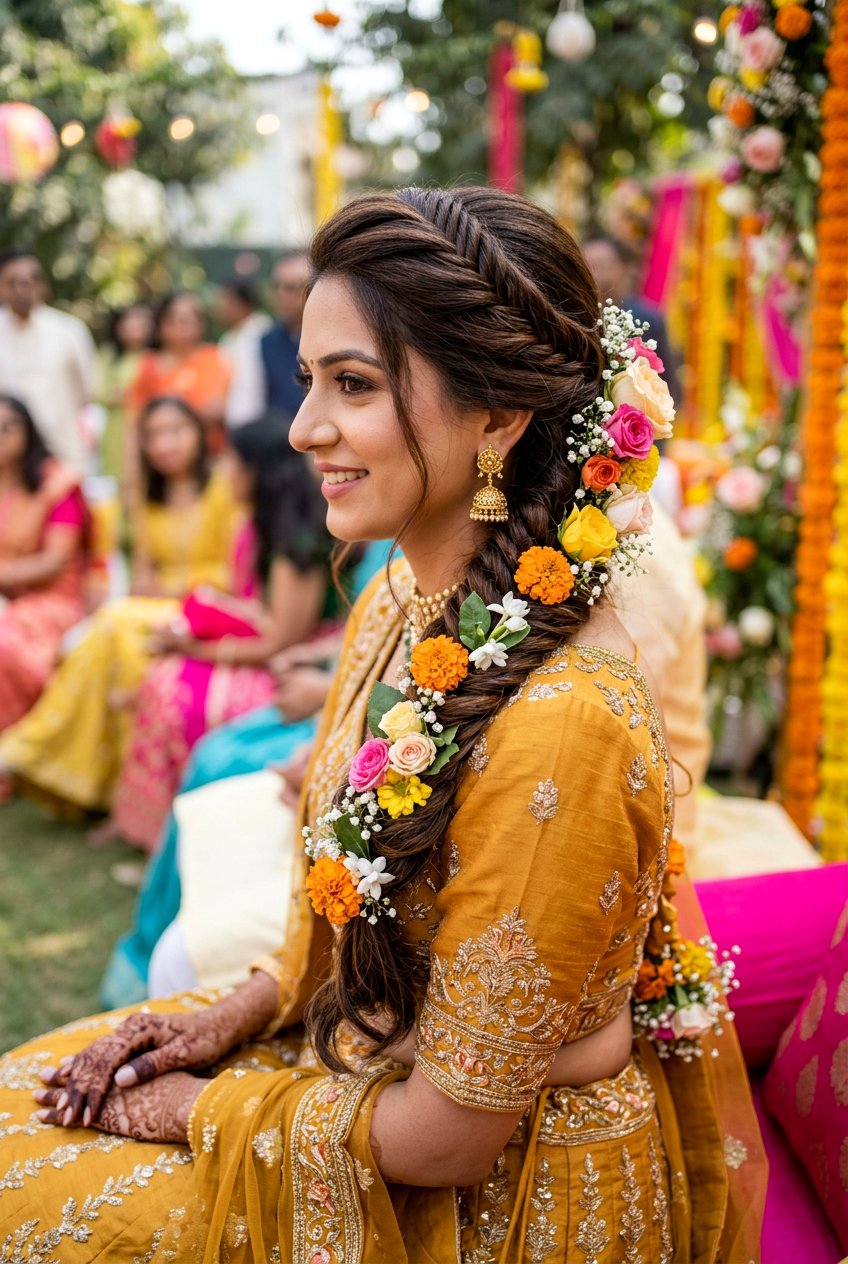 Fishtail Braid With Flowers For Mehndi - 20 mehndi braid hairstyles - 20 mehndi braid hairstyles