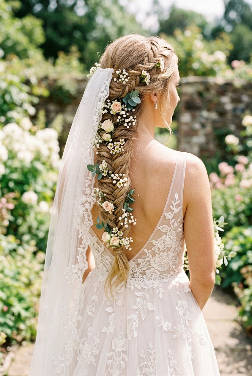 Fishtail Braid With Flowers - 20 bridal hairstyles with fresh flowers - 20 bridal hairstyles with fresh flowers