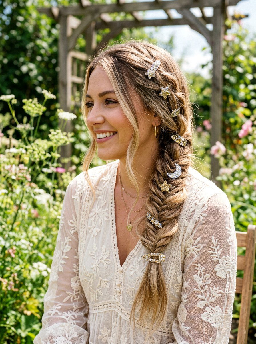 Fishtail Braid With Glitter Clips - 20 party hairstyle with glitter clips - 20 party hairstyle with glitter clips