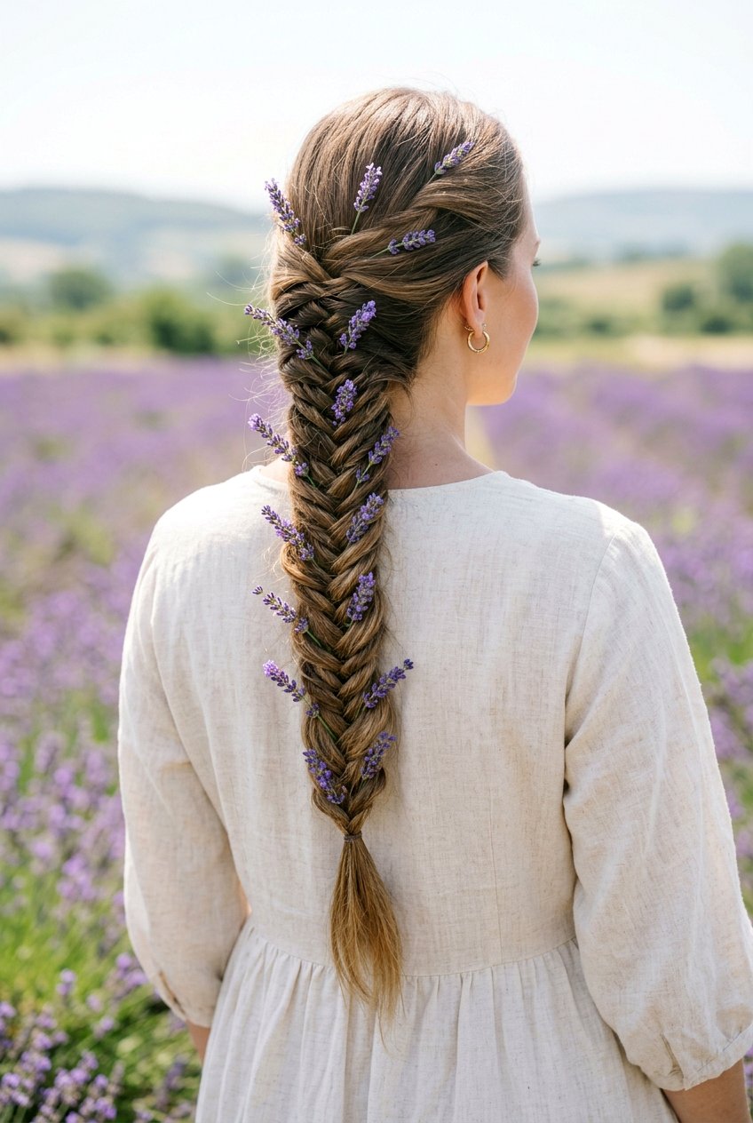 Fishtail Braid With Lavender Sprigs - 20 fairycore braid hairstyle with flowers - 20 fairycore braid hairstyle with flowers