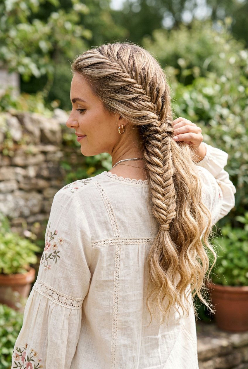 Fishtail Braid With Loose Ends - 20 beach hairstyle for thick straight hair - 20 beach hairstyle for thick straight hair