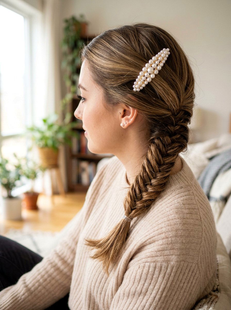 Fishtail Braid With Pearl Barrette - 20 office hairstyle with pearl barrette - 20 office hairstyle with pearl barrette