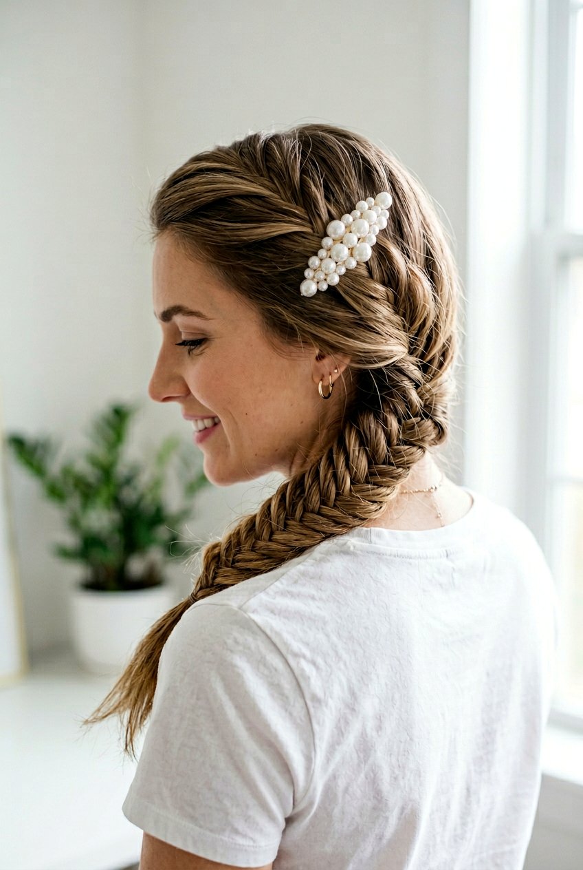 Fishtail Braid With Pearl Snap Barrette - 20 school hairstyle with pearl clips - 20 school hairstyle with pearl clips