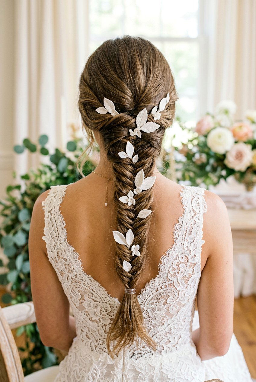 Fishtail Braid With Porcelain Leaf Pins - 20 bridal hairstyle with floral pins - 20 bridal hairstyle with floral pins
