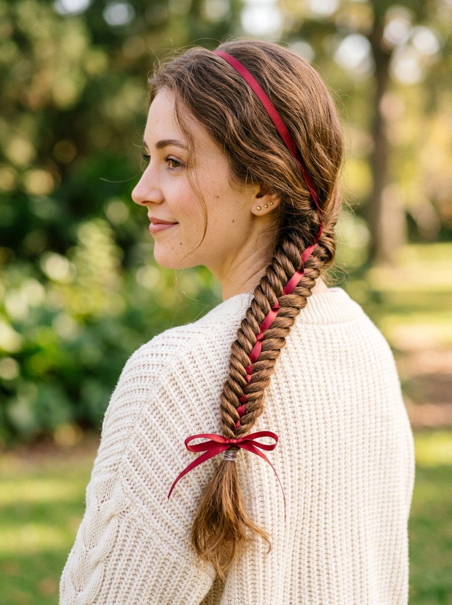 Fishtail Braid With Red Ribbon - 20 red ribbons for medium brown hair - 20 red ribbons for medium brown hair