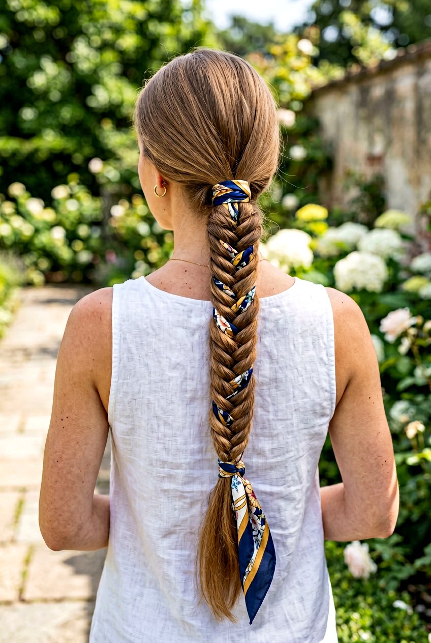 Fishtail Braid With Scarf Accent - 20 braided scarf hairstyle - 20 braided scarf hairstyle