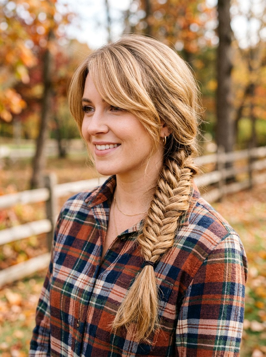 Fishtail Braid With Side Swept Bangs - 20 simple hairstyle for long layers and bangs - 20 simple hairstyle for long layers and bangs