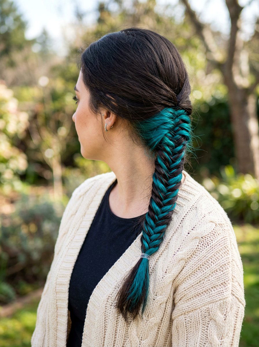 Fishtail Braid With Teal Underlayer On Dark Hair - 20 teal underlayer on dark hair - 20 teal underlayer on dark hair
