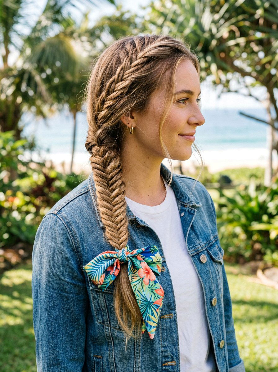 Fishtail Braid With Tropical Scarf Tie - 20 vacation hairstyle with tropical scarf - 20 vacation hairstyle with tropical scarf