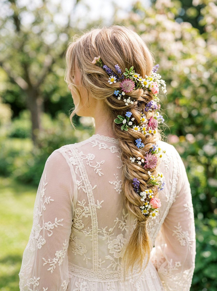 Fishtail Braid With Wildflowers - 20 wedding hairstyles with flowers - 20 wedding hairstyles with flowers