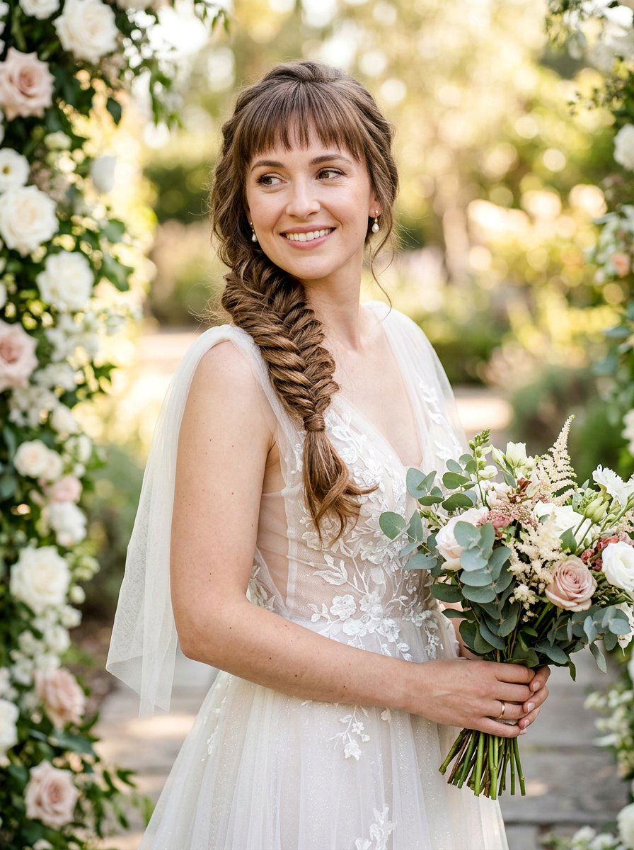 Fishtail Braid with Baby Bangs - 20 wedding hairstyles for brides with bangs - 20 wedding hairstyles for brides with bangs