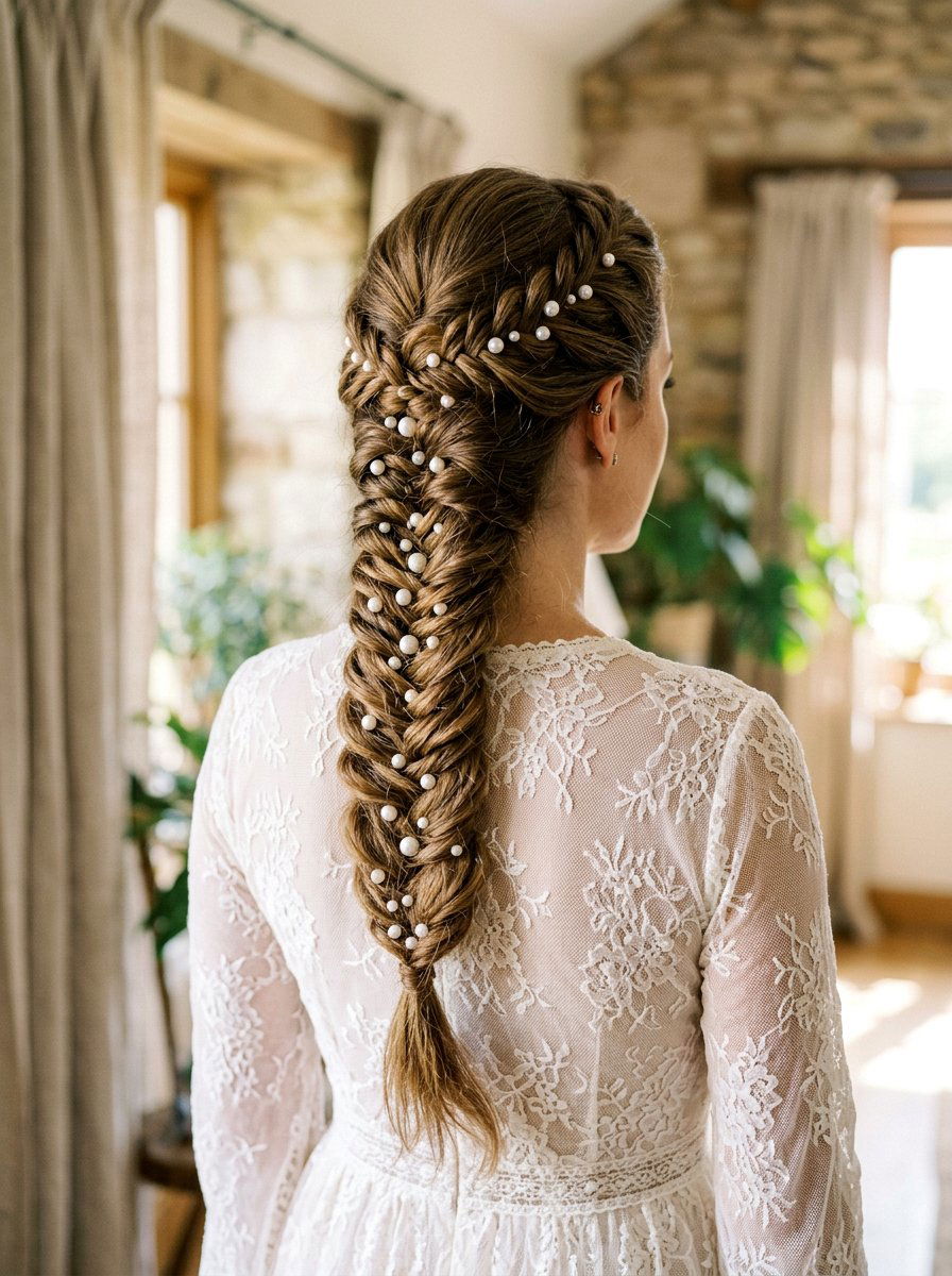 Fishtail Braid with Pearls - 20 prom hairstyles with pearls - 20 prom hairstyles with pearls