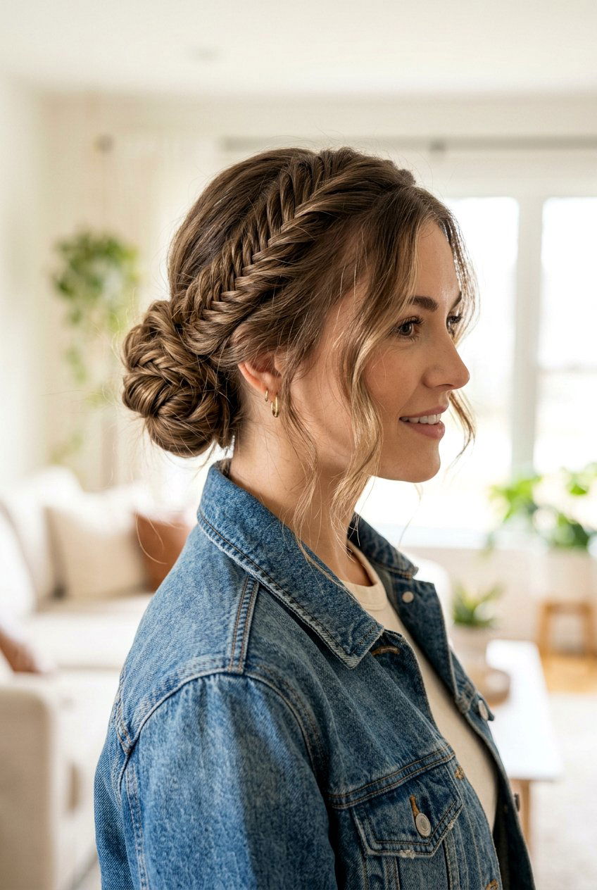 Fishtail Braided Bun With Wispy Tendrils - 20 braided bun with face framing strands - 20 braided bun with face framing strands