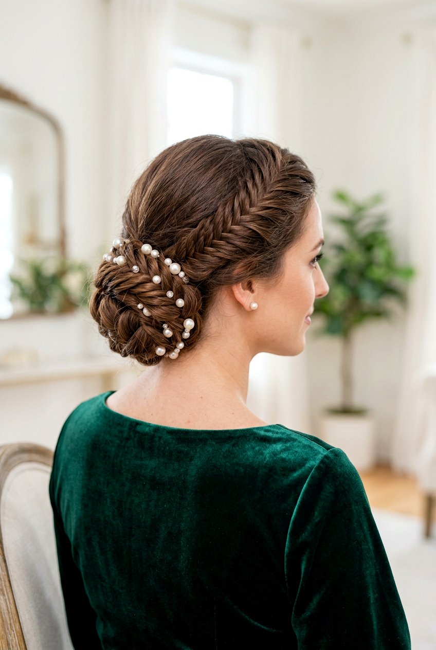 Fishtail Braided Low Bun With Pearls - 20 birthday hairstyle with low bun and pearls - 20 birthday hairstyle with low bun and pearls